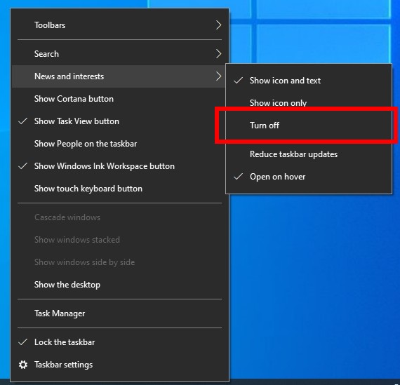 how to remove news and interests from taskbar windows 10